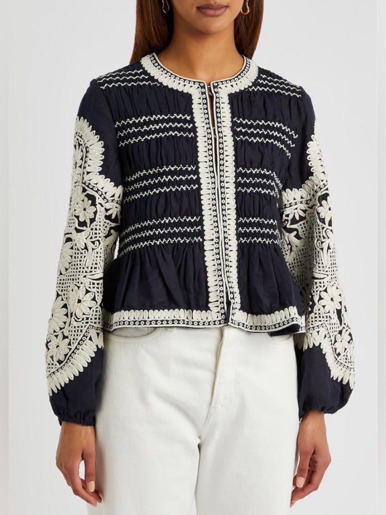 Veronica Beard Womens Navy/Off White Dorian Embroidered Linen Blend Jacket Sz Xl